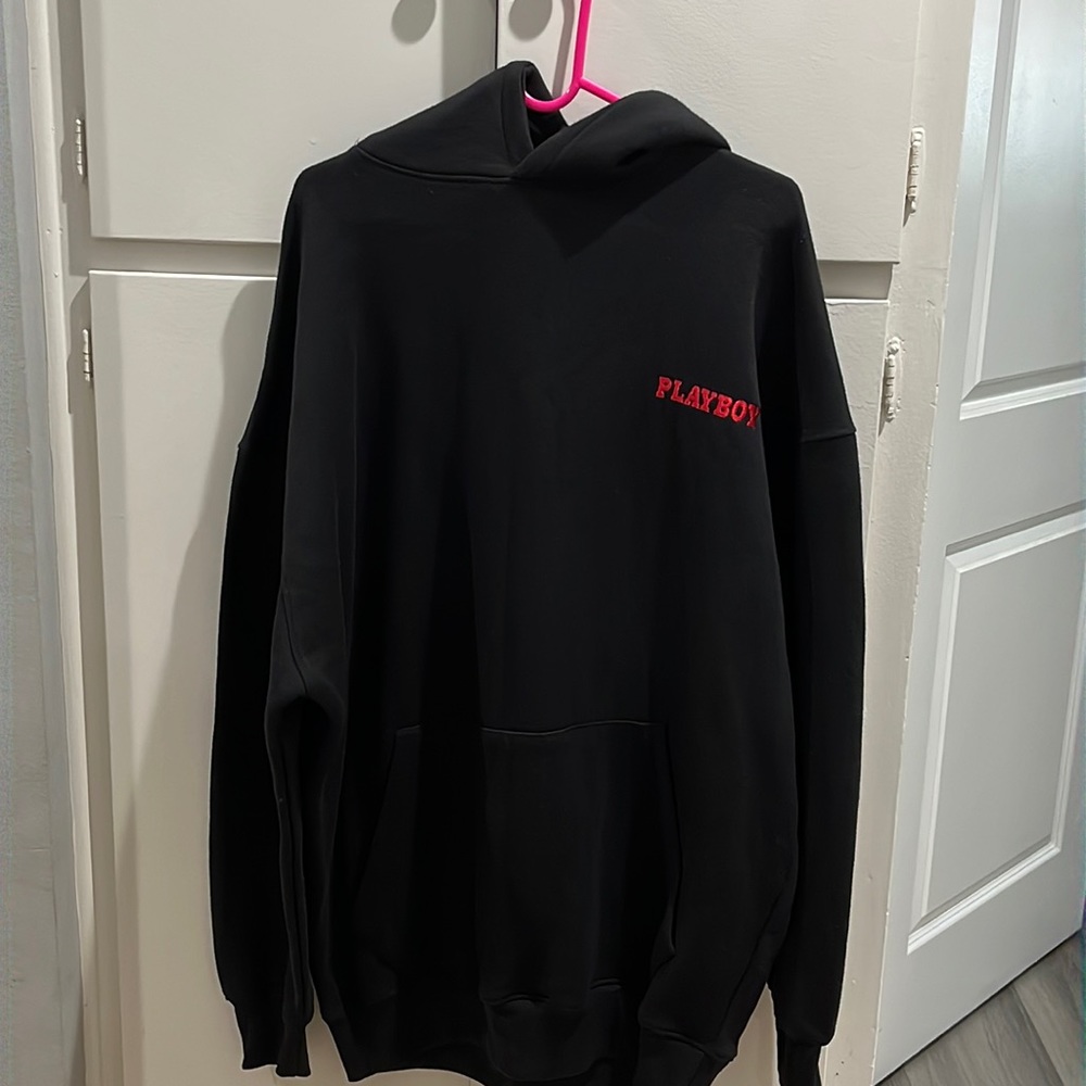 Black MissguidedxPlayboy oversized hoodie dress.